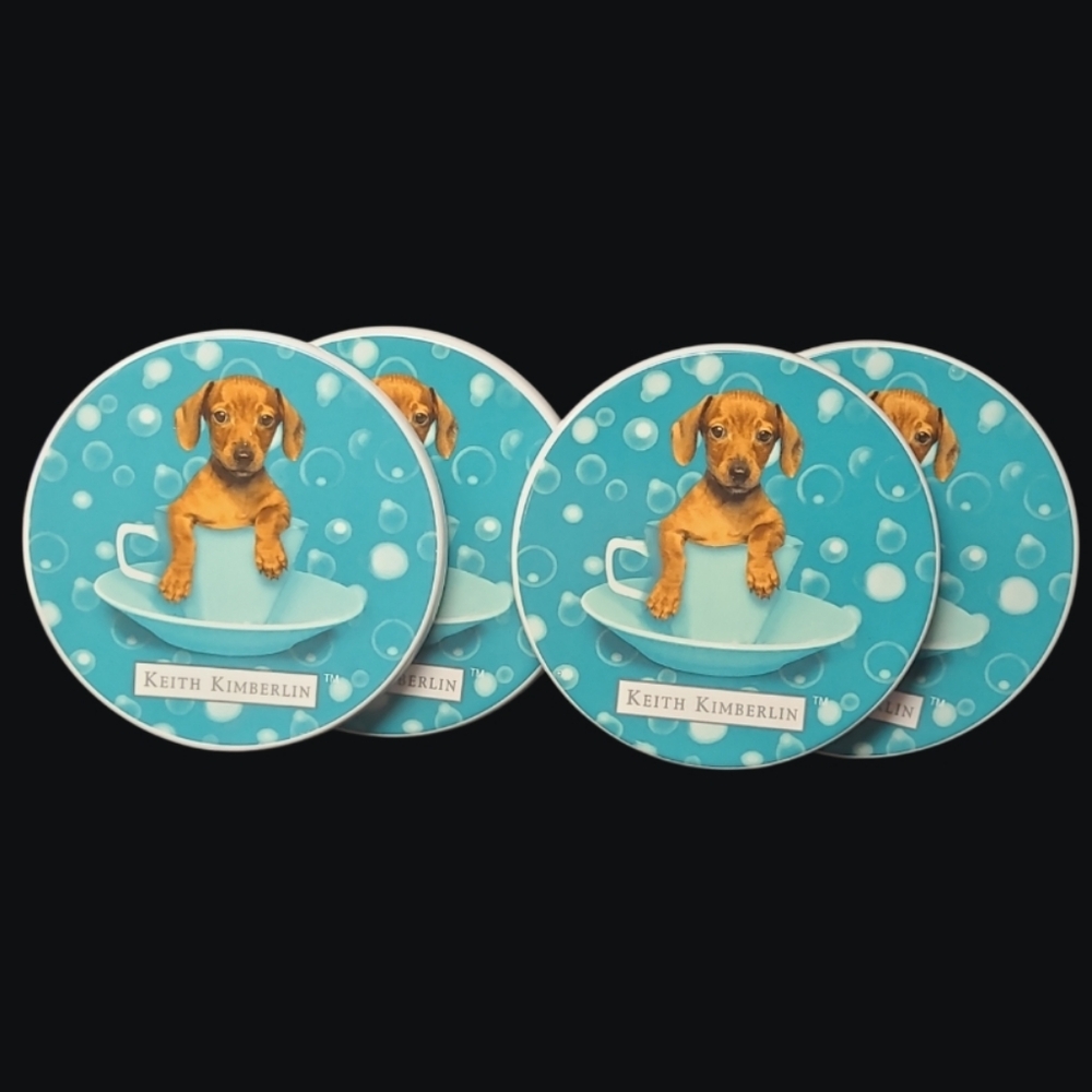 Set Of 4 - Keith Kimberlin Dachshund Puppy Coasters Set